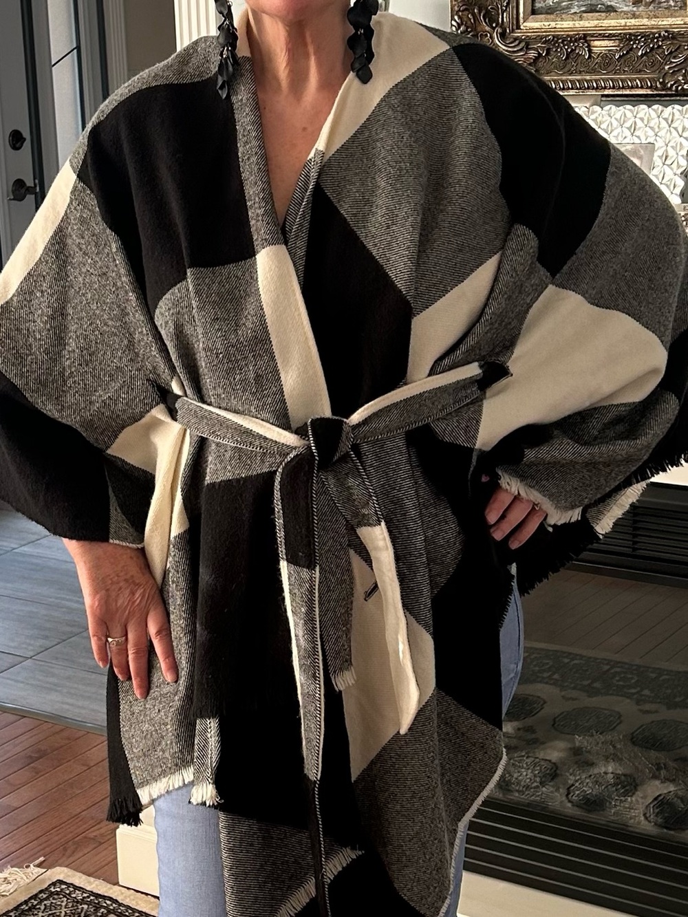 Altare Plaid Belted  Wrap Poncho Cape Black Cream Blanket Shawl. OS
